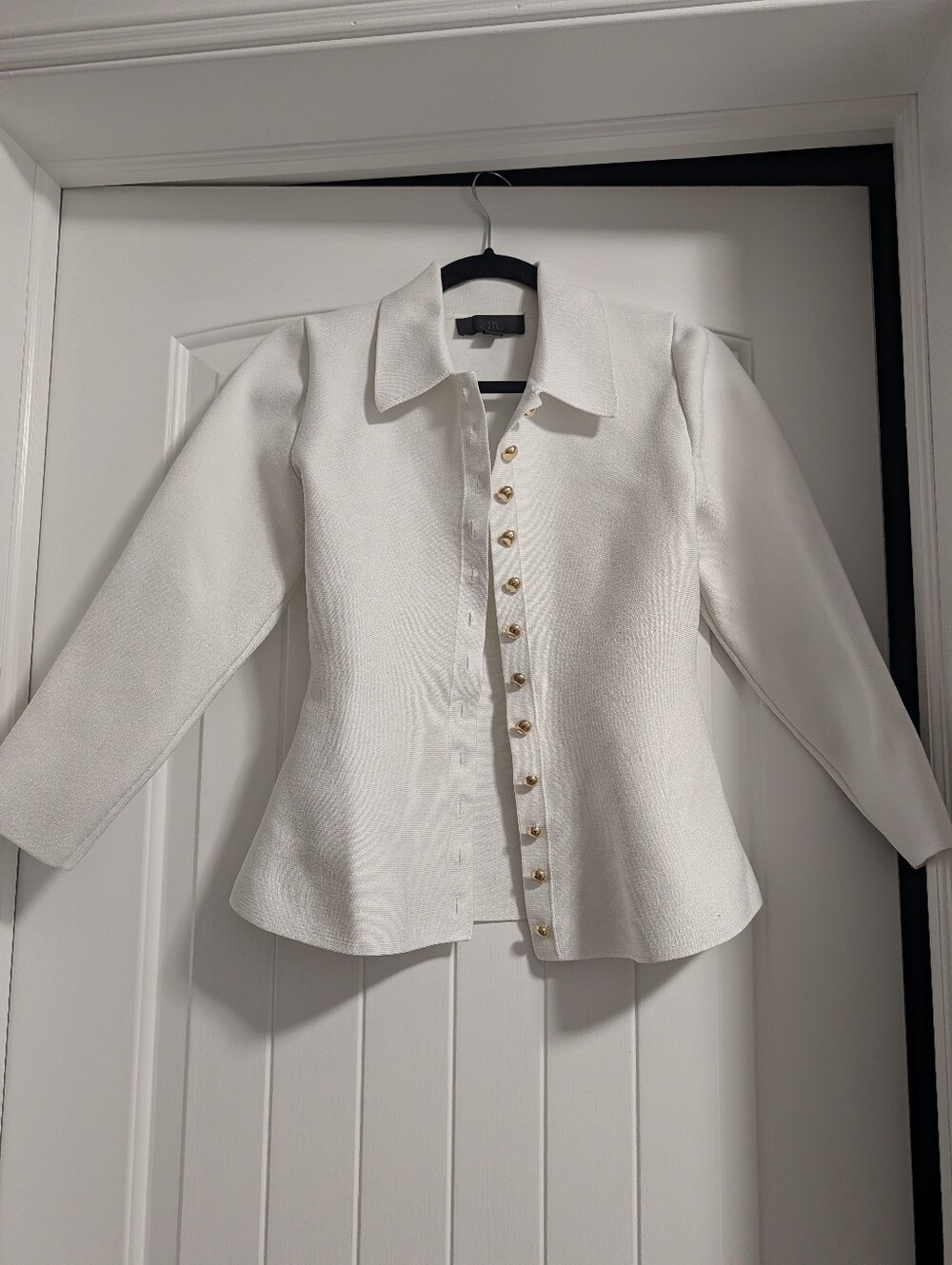 Zara White Textured Button-Front Blazer with Gold Buttons